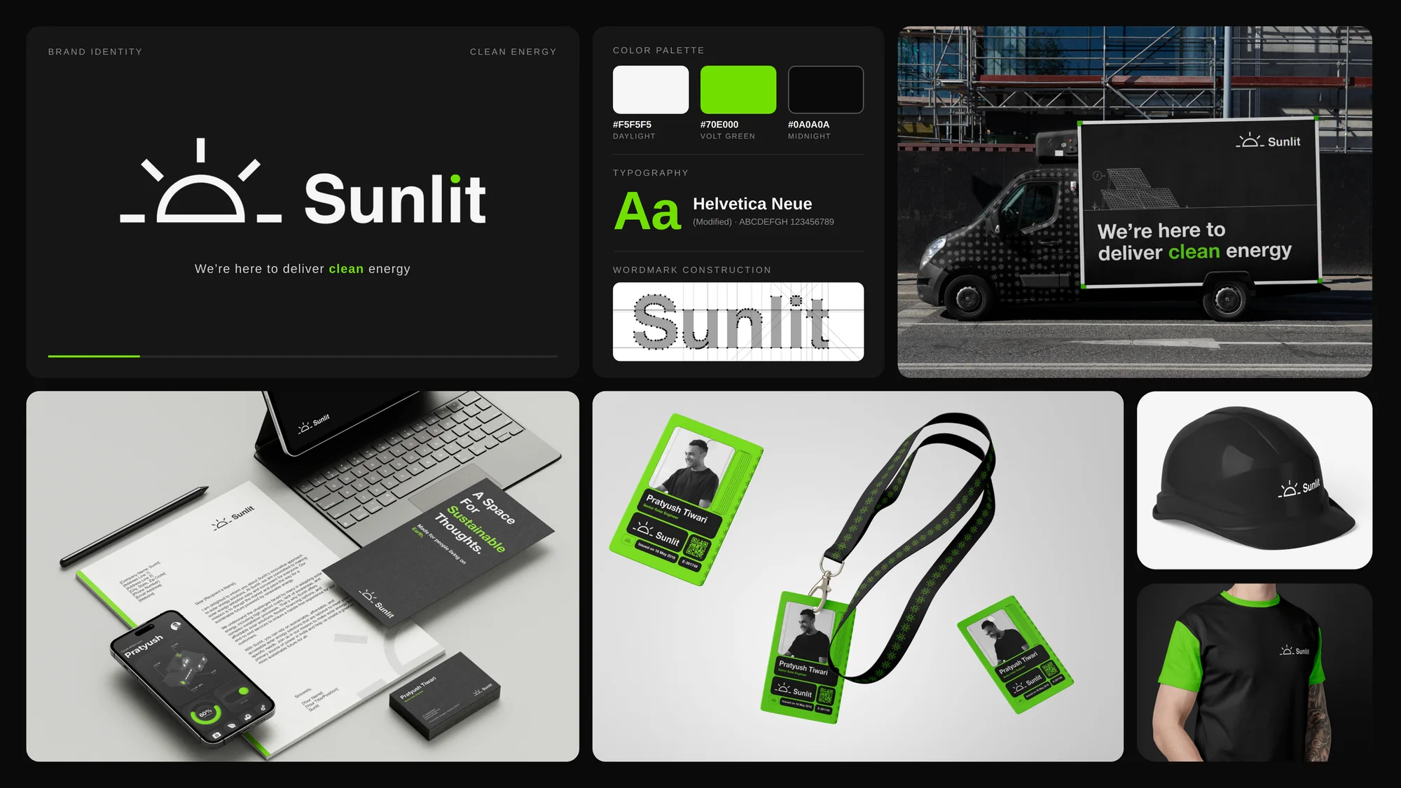 Sunlit — sunrise mark, Helvetica Neue system, black-and-green palette
