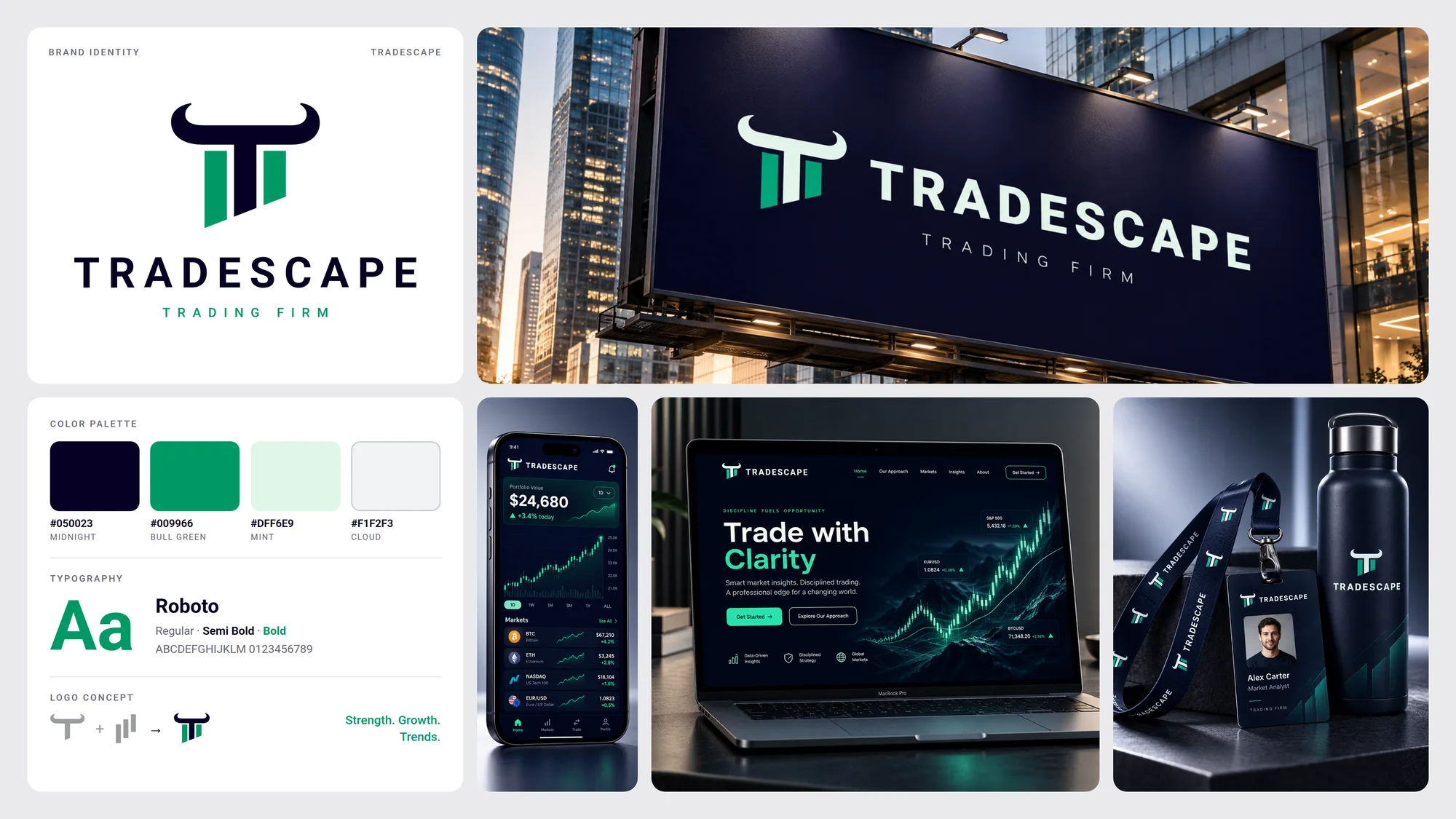 Tradescape — bull-horn T mark, midnight-and-green palette